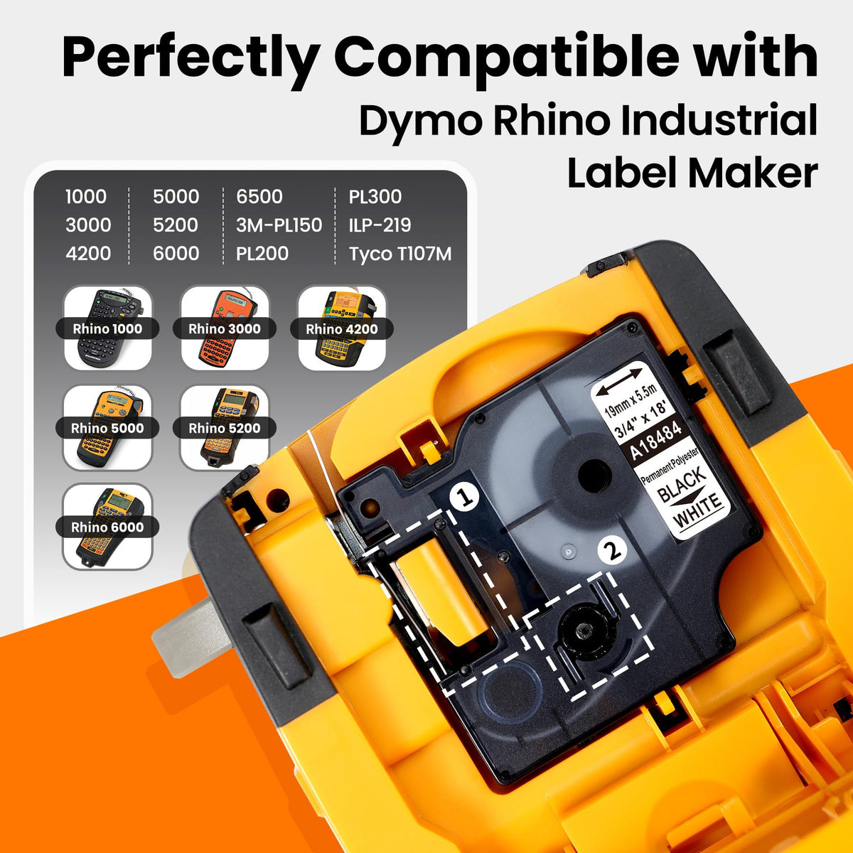 5-PK Replace for DYMO Rhino 5200 Label Tape Permanent Polyester Labels 3/4" 5 3/4 inch (19mm) Permanent Polyester White Industrial Rhino Label Tape Set