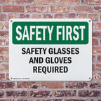 (2 Pack) Safety Glasses And Gloves Required OSHA Safety First Sign 14 Inch X 10 Inch Plastic Sign, Weather Resistant, UV Protected for Workplace, Business, and Construction Site, Made in the USA