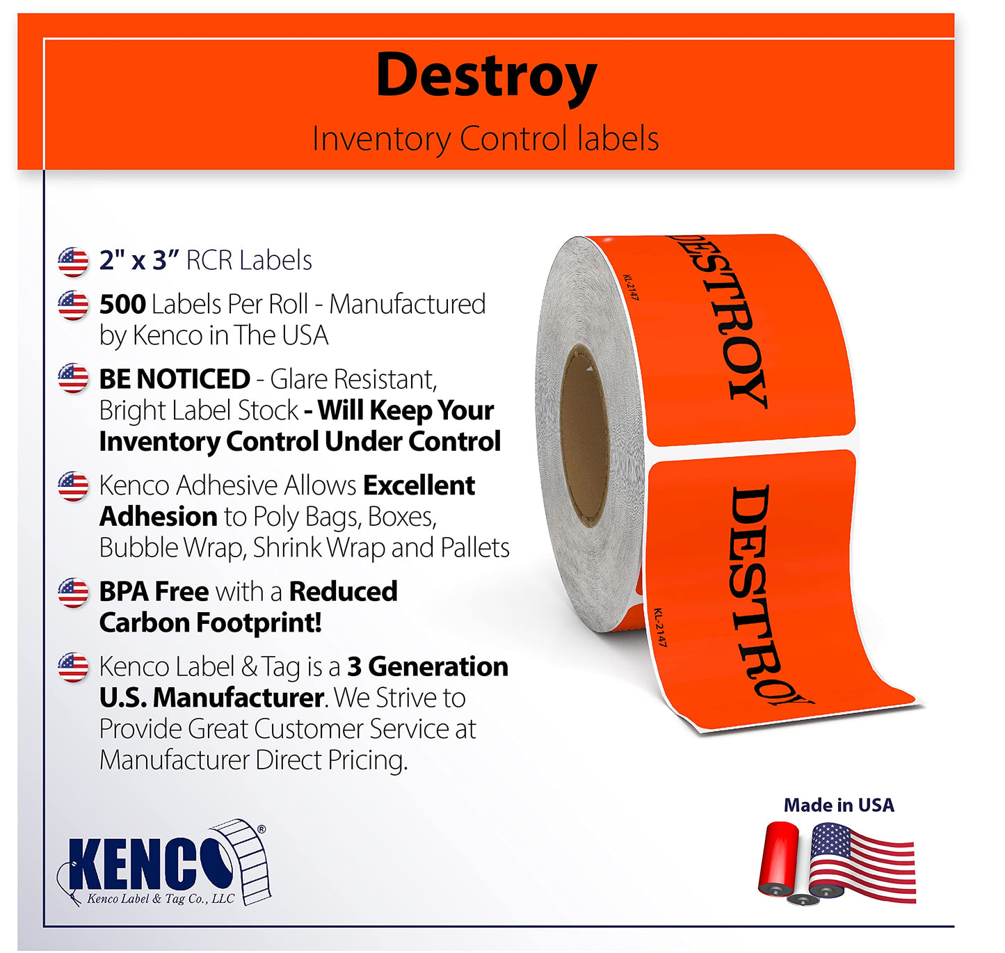 Destroy Labels - 500 3" X 2" Destroy Stickers - Inventory Control and Handling Adhesive 500 Permanent Adhesive Labels Per Roll Made in The USA and Fully Biodegradable (1) 1