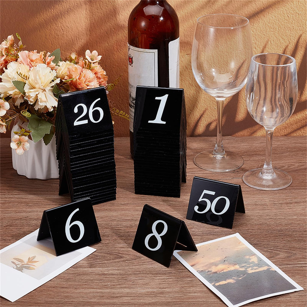 OLYCRAFT 50pcs Tent Style Acrylic Table Numbers Signs 1-50 Double Sided Black Table Numbers Signs Acrylic Tent Table Numbers Stands Signs 2.1x2.5x1.9 Inch for Wedding Party Banquets Receptions
