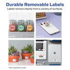 Avery® Durable Removable Square Labels, Sure Feed® Technology, 2" x 2", Matte White Film, Water-Resistant, Print-to-The-Edge, Laser/Pigment-Based Inkjet Printable, 96 Total 96 labels