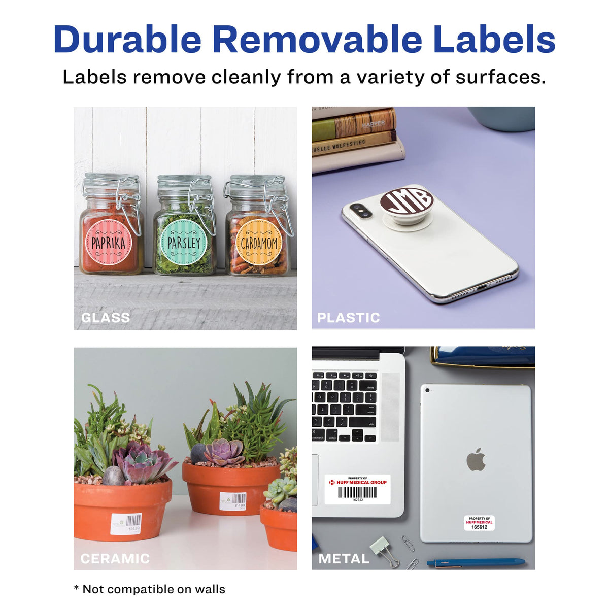 Avery® Durable Removable Square Labels, Sure Feed® Technology, 2" x 2", Matte White Film, Water-Resistant, Print-to-The-Edge, Laser/Pigment-Based Inkjet Printable, 96 Total 96 labels