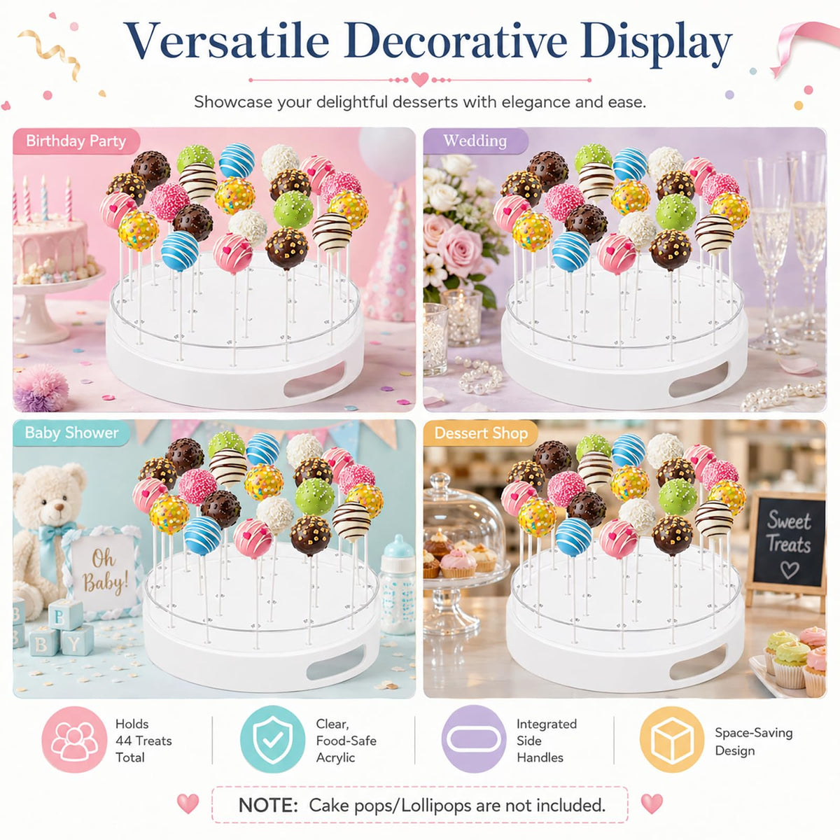 2 Pack Cake Pop Stand, Clear Acrylic 22 Hole Candy Display Stand, Double-Layer Round Lollipop Holder with Handles for Birthday Party Dessert Table, Wedding