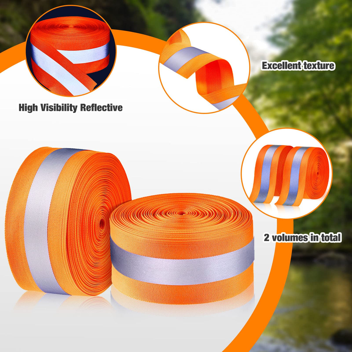 Taiyin 2 Rolls High Visibility Reflective Tape Strip 2'' x 66 ft Sew on Safety Fabric Webbing 2 cm Reflective Width Warning Florescent Safety Tape for Clothes Bags Raincoats (Orange) Orange