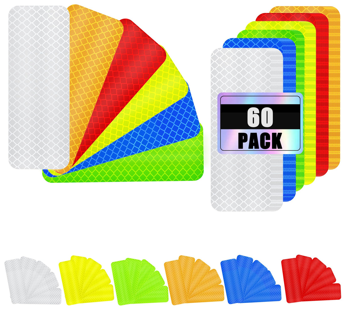 GEOCCI 60 PCS Reflective Safety Tape Stickers 1.2″ x 3.15″ Safety Warning Tape for Helmets, Cars, Mailboxes & More（Mixed Colors） Mixed Colors