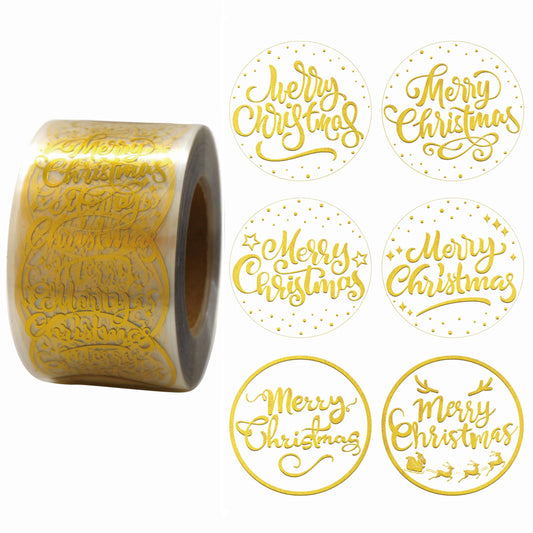 1.5 Inch Christmas Stickers - Gold Foil Merry Christmas & Winter Holiday Stickers for Decorations, Cards, Crafts & Bags