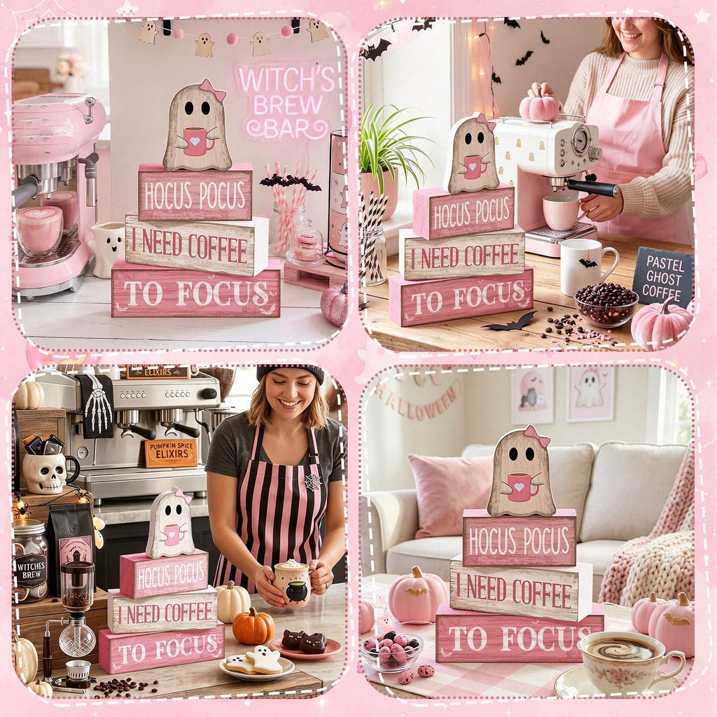 Moucuny 4 Pcs Pink Halloween Table Decor Ghost Wooden Stacked Block Decor Pink Coffee Ghost