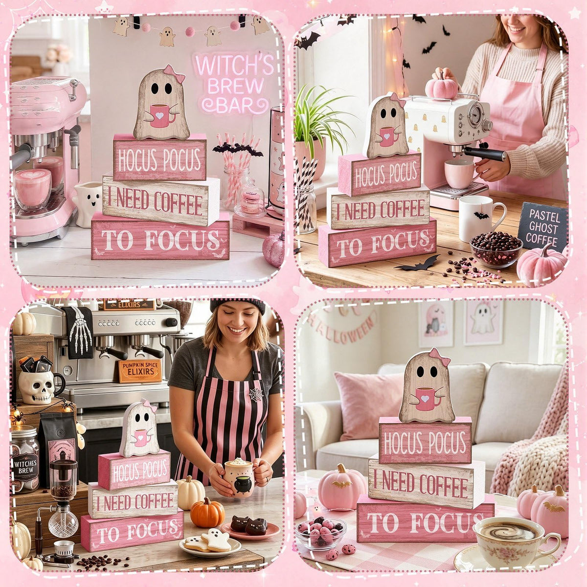 Moucuny 4 Pcs Pink Halloween Table Decor Ghost Wooden Stacked Block Decor Pink Coffee Ghost