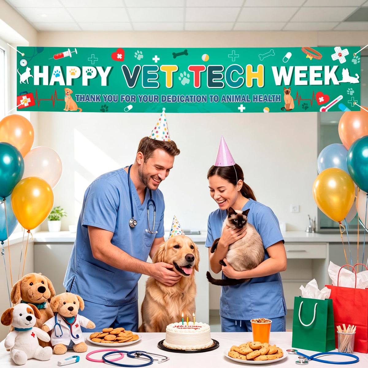 HOWAF Happy Vet Tech Week Banner, Veterinary Technician Appreciation Yard Banner, Dog Cat Paw Print Pet Clinic Outdoor Fence Hanging Sign, Vet Staff Thank You Party Decorations Supplies