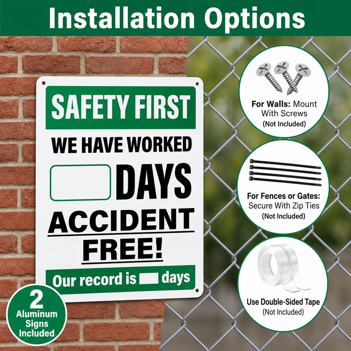 2 Pack Safety First Accident Free Days Aluminum Wall Signs 12×8 in