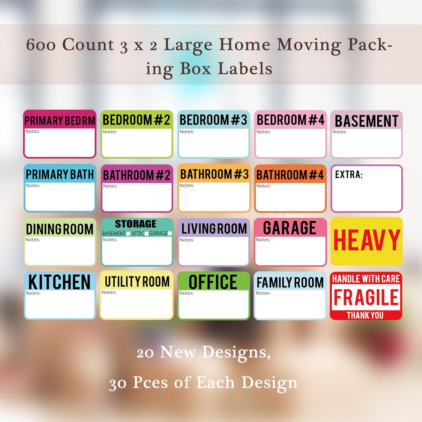 600 Pcs Moving Labels for Boxes, 3 x 2 Packing Labels for 3-4 Bedroom House, 20 Designs Including Fragile and Heavy Stickers