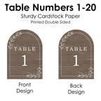Big Dot of Happiness Rustic Wedding Table Numbers, Engagement and Anniversary Party Decor, Country Wedding Wood Centerpieces, Double-Sided 5 x 7 inches Paper Cards, Table Numbers - 1-20