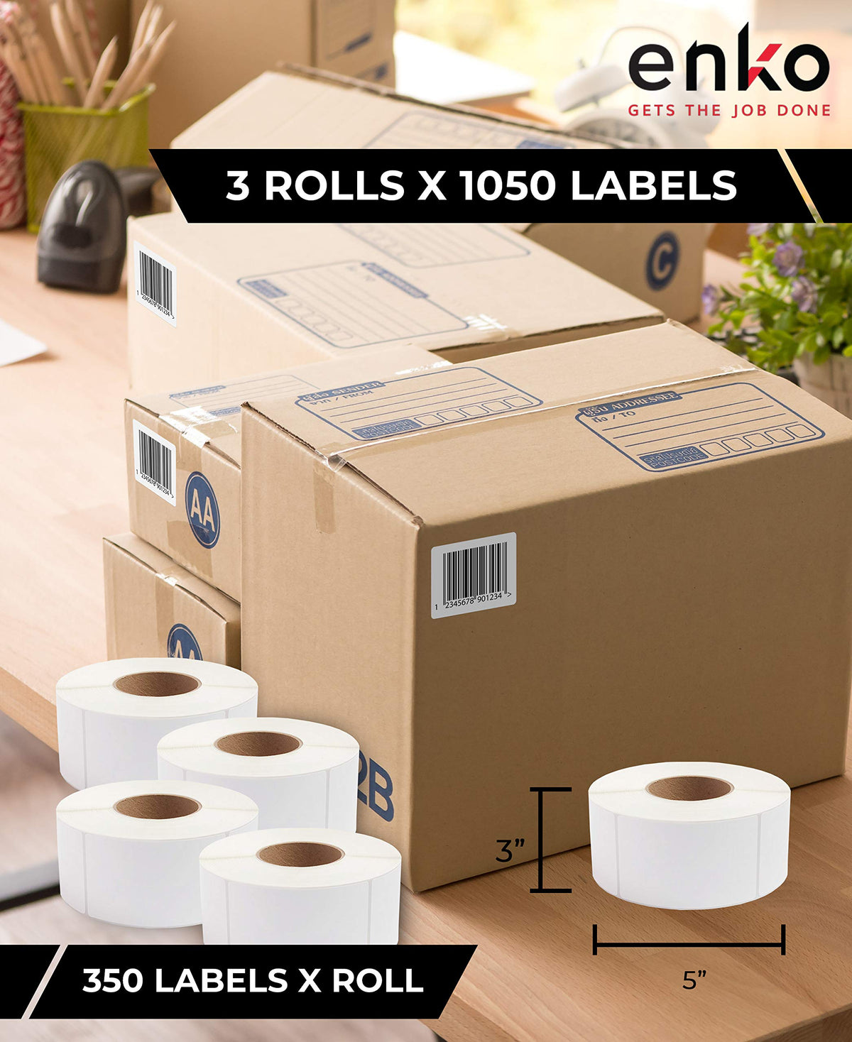 enKo 3 x 5 in 3 Rolls | 1050 Direct Thermal Address and Barcoding Labels 3 Rolls, 1050 Labels