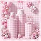 Tigeen 3 Pcs Cylinder Pedestal Stand Covers, Gingham, Pink and White