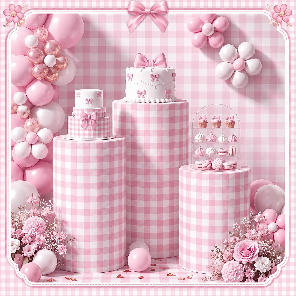Tigeen 3 Pcs Cylinder Pedestal Stand Covers, Gingham, Pink and White