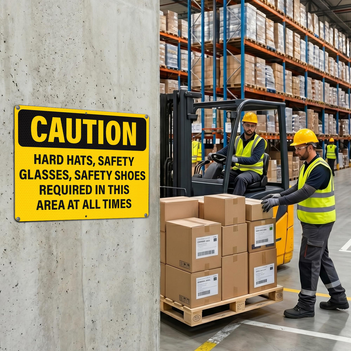 Hard Hats Safety Glasses Safety Shoes Required In This Area Sign Yellow, Black, PPE Safety 14 x 10 Inches