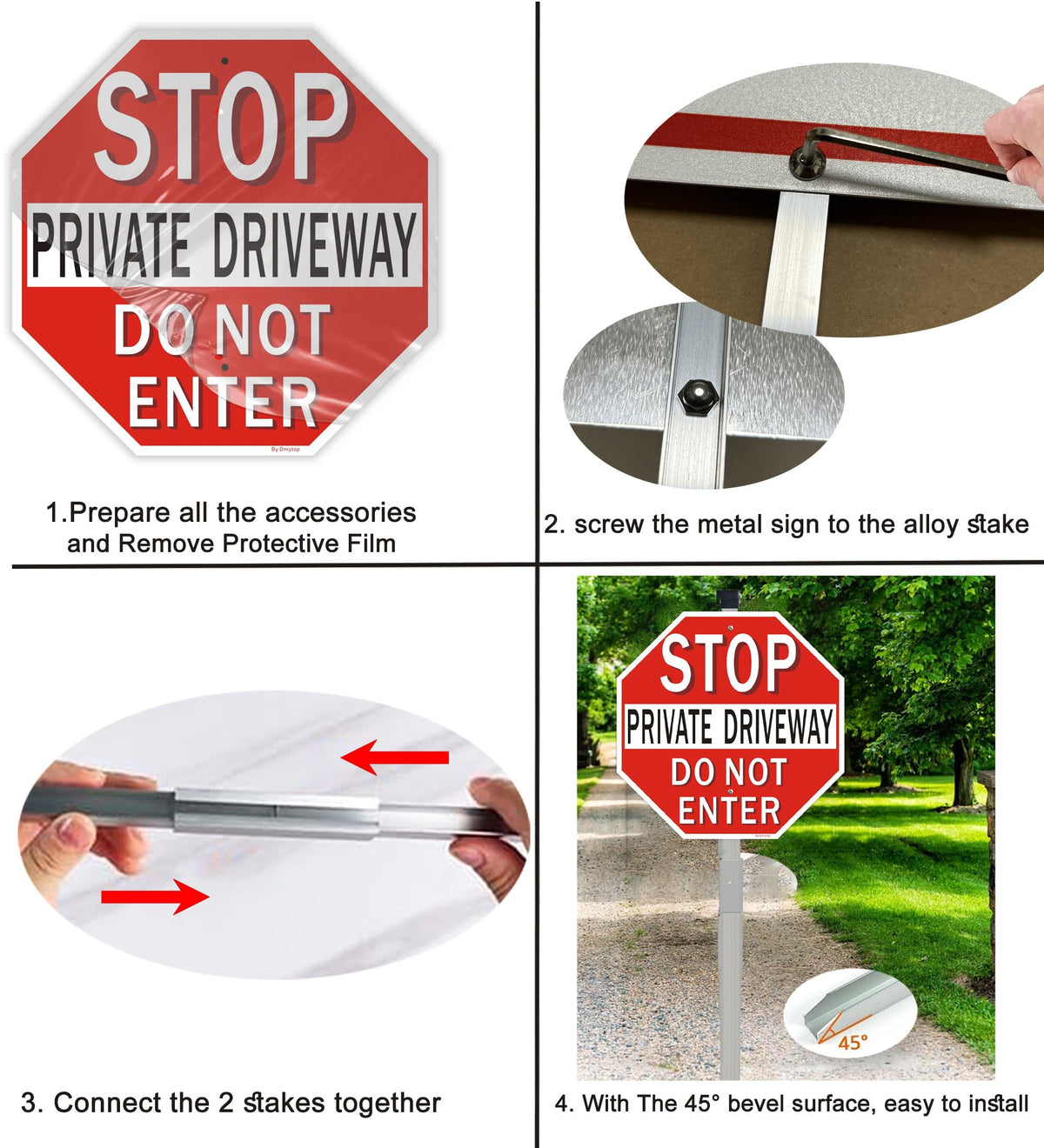Private Driveway Stop Sign with 36" Metal Stake, 12x12 Inches Do Not Enter Sign, Reflective Fade-Free Aluminum, 2 Pack 12 x 12“ - 2 Pack with stake
