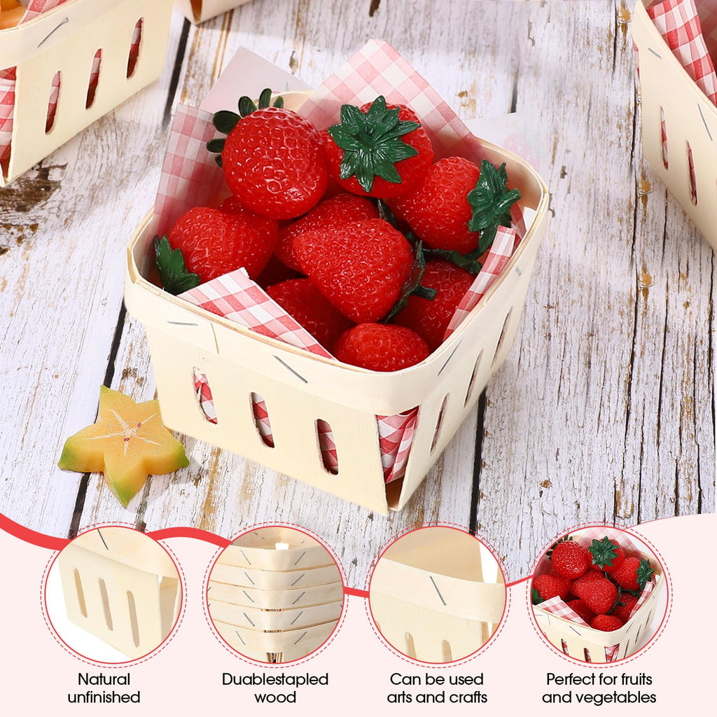 Vesici 61 Pcs Pint Wood Berry Basket & Wax Paper, Ribbon, Plaid, Red