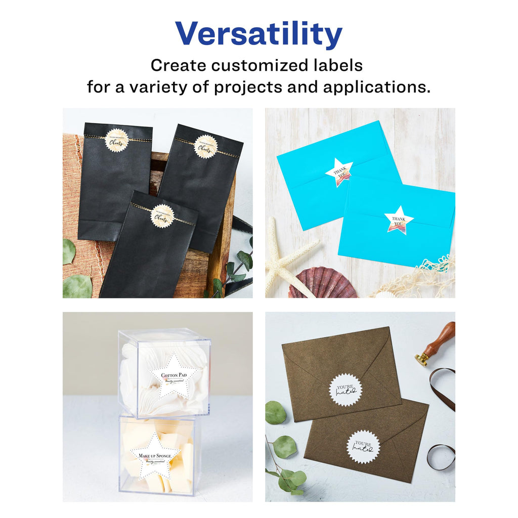 Avery® Matte White Removable Starburst Labels, Sure Feed® Technology, Print-to-The-Edge, 3", 90 Removable Labels, Laser/Inkjet Printable 90 labels