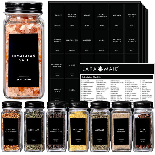 304 Minimalist Spice Label Set, White Text on Black Vinyl Waterproof Label Sticker with Removable Adhesive - Fits on Round, Square and Rectangle Jars - Organize Spice, Herb and Seasonings Spice Labels