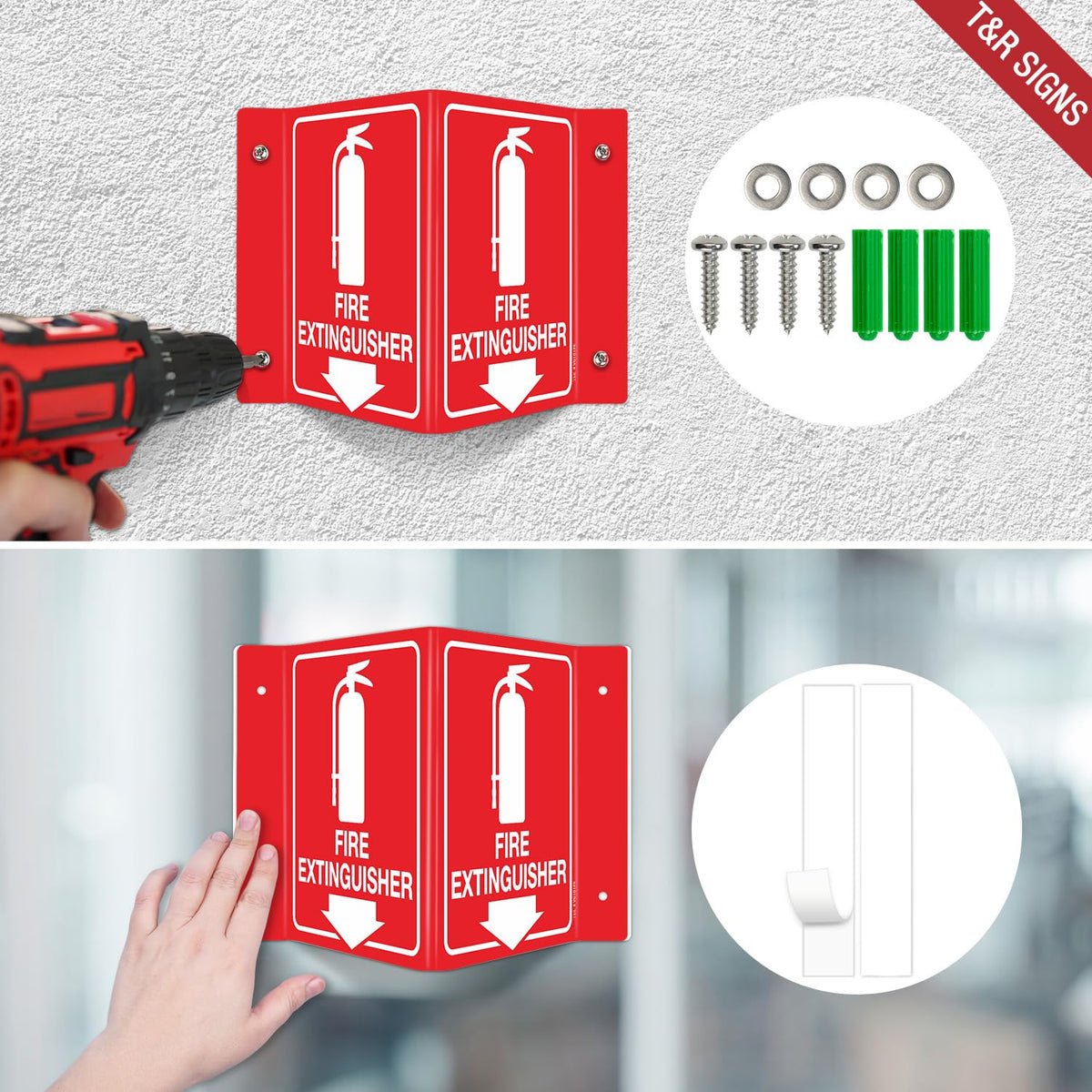 T&R Fire Extinguisher Sign, Fire Extinguisher with Down Arrow - 4 Pack - 8 x 6 Inches Glow-In-The-Dark Acrylic, 4 pre-drilled holes, Includes Matching Screws, Use for Home Office/Business V - 4 Pack - Glow In The Dark