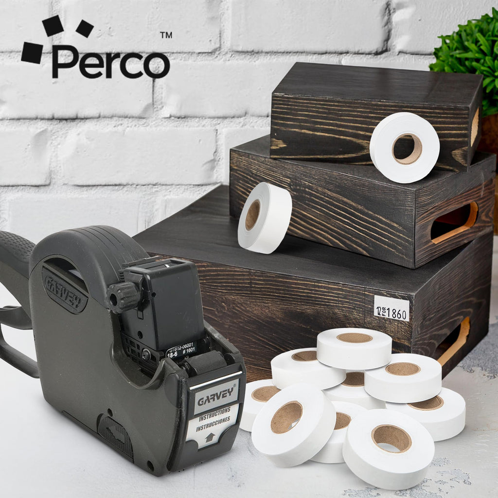 Perco White Price Marking Labels - 14,000 Blank Labels for Garvey 18-6 One Line Price Gun with Ink Roll Included - 11 Rolls, 1 Sleeve - Made in USA