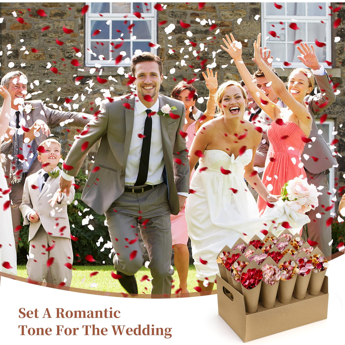 2 Set Wedding Paper Cone Stand Box, 2 Party Cardboard Cone Holders Trays of 20 Holes Each with 40 Kraft Cone Paper for Wedding, Party, Celebration, Decoration