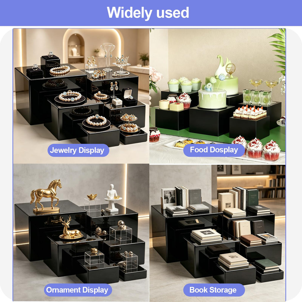 Saim Acrylic Buffet Risers Display Stands 3" To 8" Square, 6pcs Black