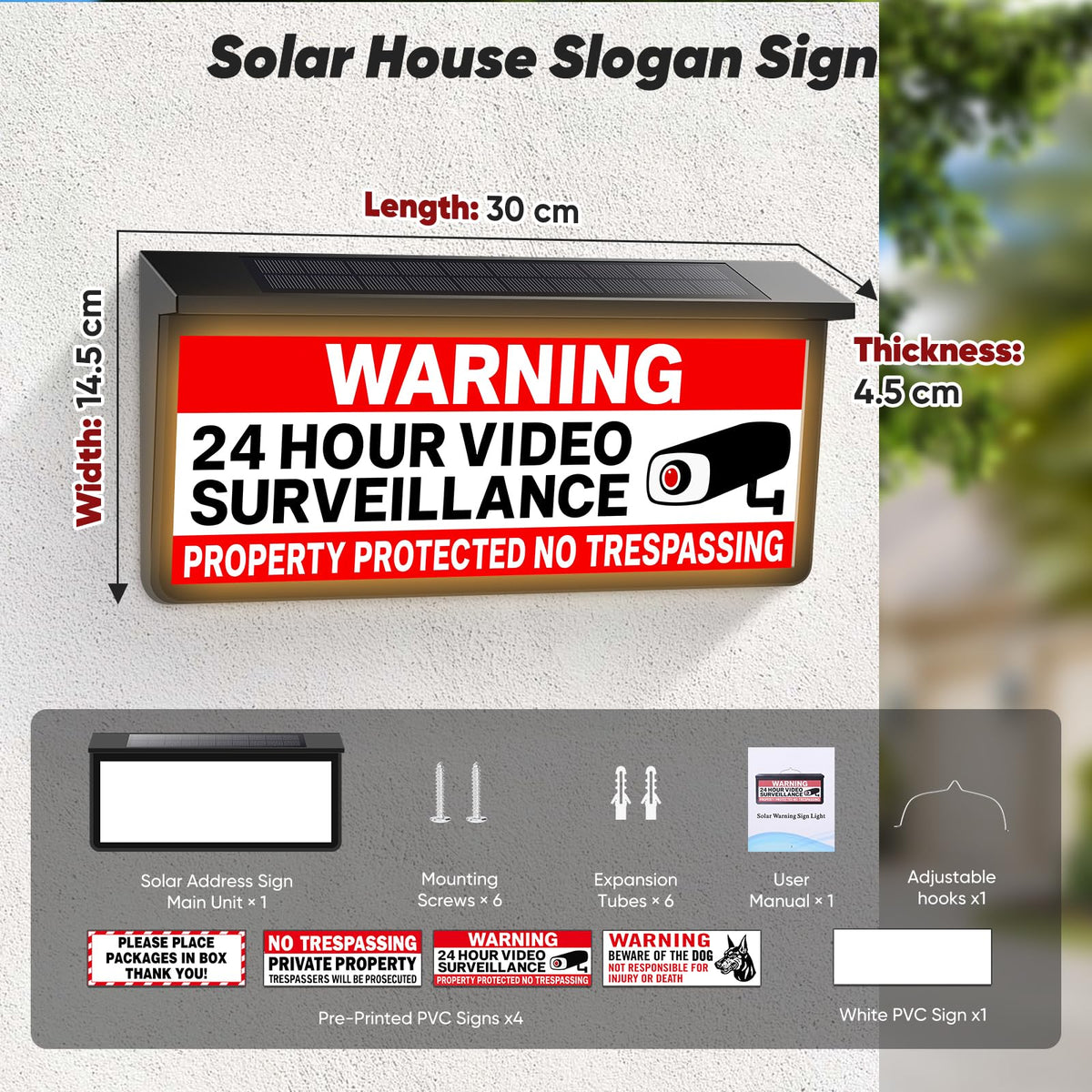 Warning Sign Light with Dual Color Modes, IP65 Waterproof Outdoor Security Sign for No Trespassing, Beware of Dog, Package Delivery 12"x6"