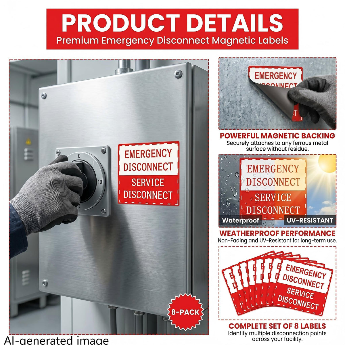 NICEXIYAZI-NEC Compliant Emergency Disconnect Stickers, 5 x 3.5 Inch Warning Labels, Service Disconnect Danger Notice Signs for Indoor & Outdoor Electrical Use