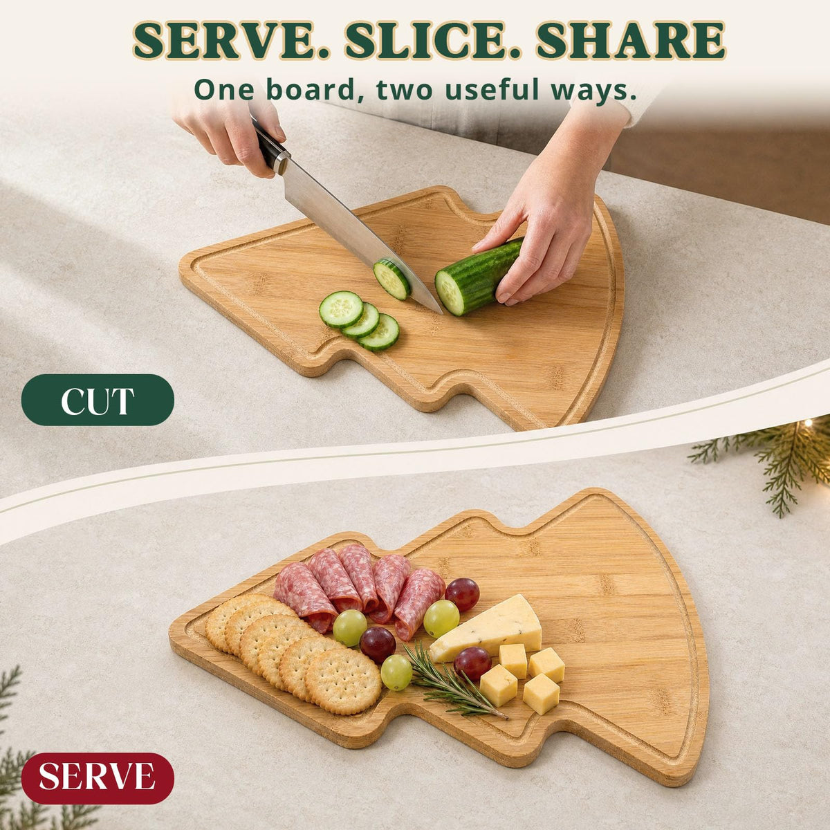 Christmas Tree Charcuterie Board and Cutting Board, 15.7 x 11.8 in