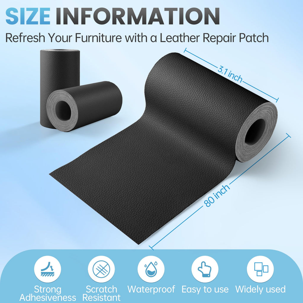 Leather Repair Patch Tape Kit, 3" x 80" Self Adhesive Leather Repair Patch for Furniture, Vinyl Kit for Car Seat, Chairs, Couch, Sofa, Boat Black 3" x 80"