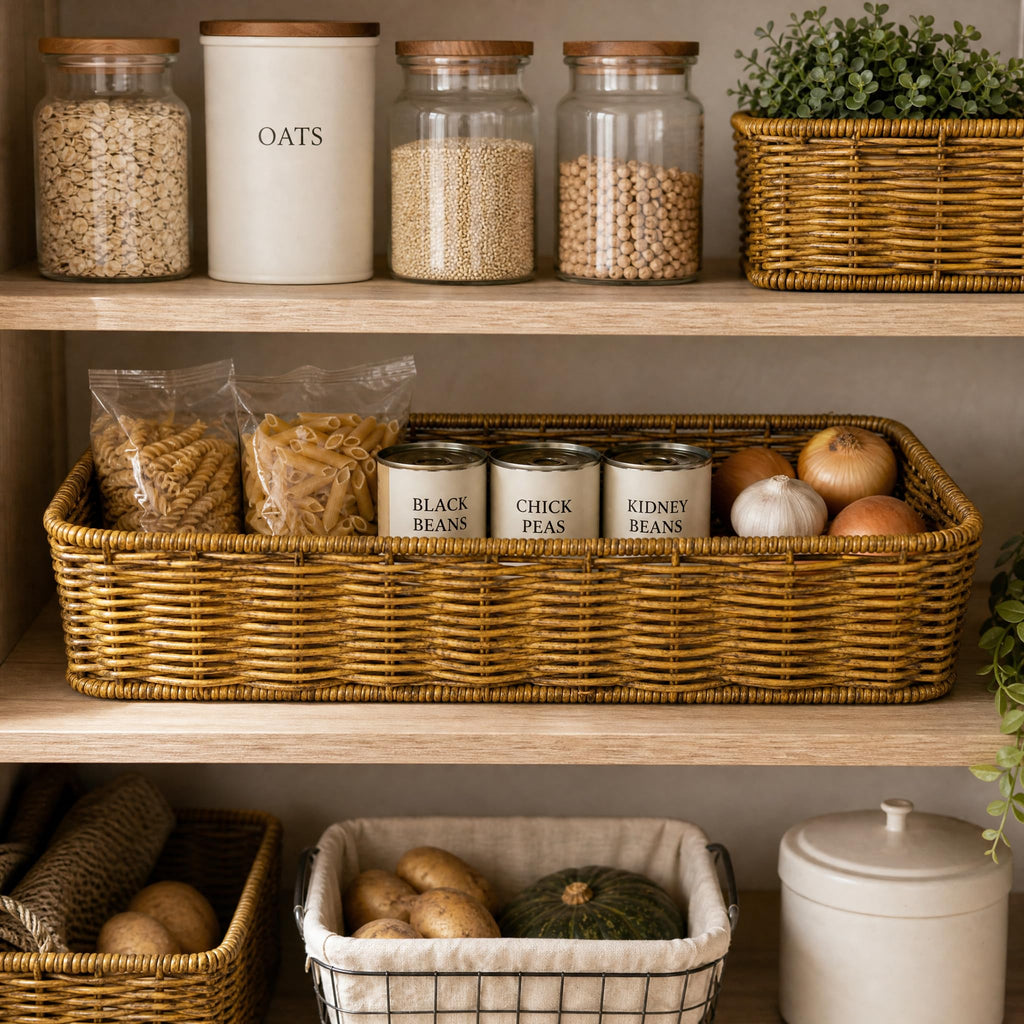 Rectangular Handwoven PVP Rattan Storage Basket with Handles
