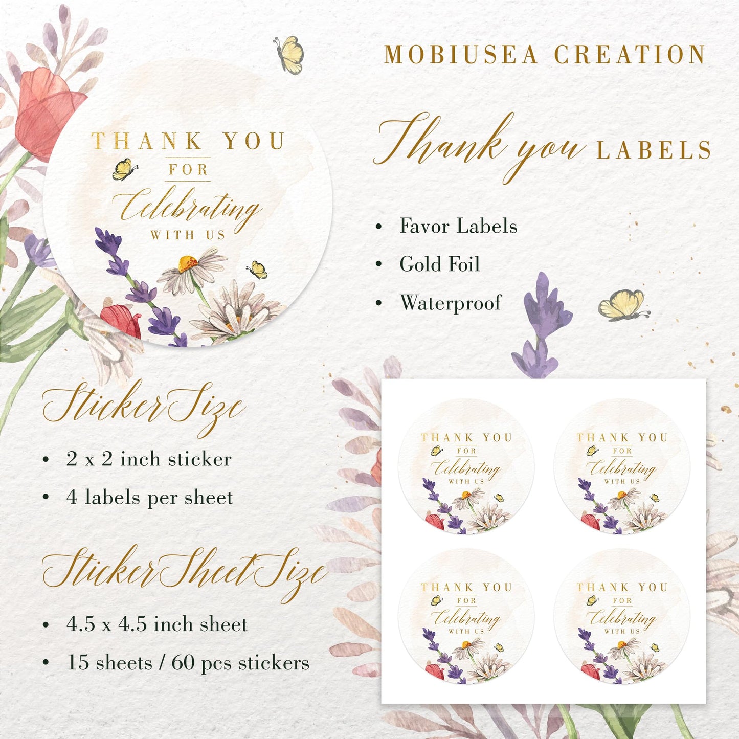 Country Wild Floral Wedding Thank You Labels Thank You for Celebrating with Us Stickers | 2 inch | Gold Foil | 60pcs Waterproof Favor Labels for Wedding, Bridal Shower, Baby Shower