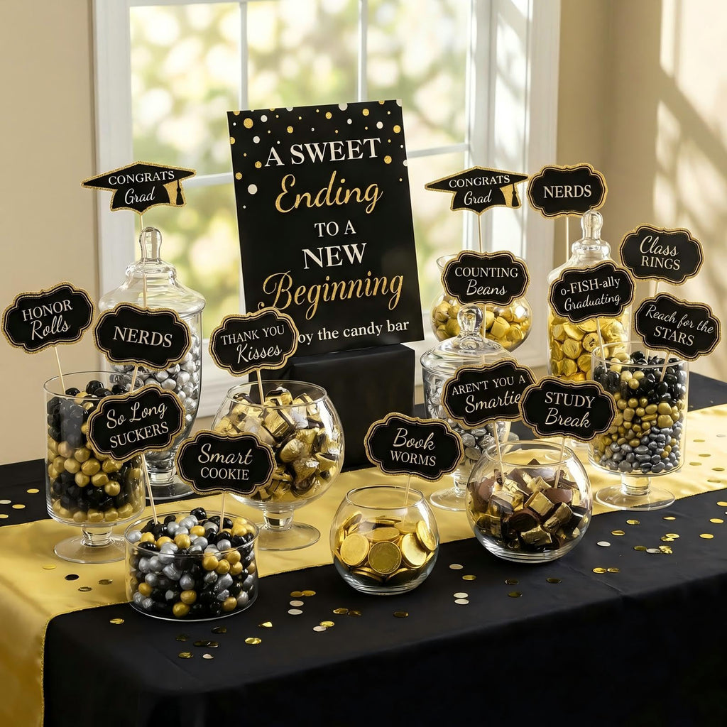 Spakon 24 Pcs Grad Candy Buffet Labels with Stand, Table Signs, Black Gold