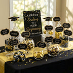 Spakon 24 Pcs Grad Candy Buffet Labels with Stand, Table Signs, Black Gold