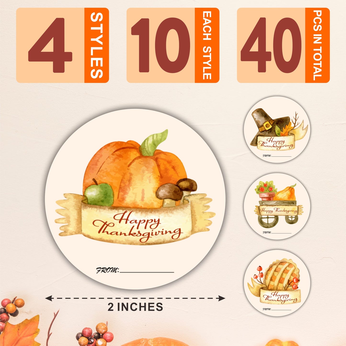 2" Large Happy Thanksgiving Sticker Set - 40 Pcs Round Label for Thanksgiving Gift Wrapping, 4 Different Designs Envelope Seals, Self-Adhesive Gift Tag for Goodie Bags, Party Supplies -A02 Pumpkin
