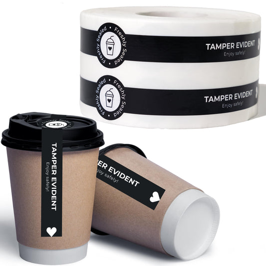 Spill-Proof Tamper Evident Stickers for Drink Lids - Double Roll 1" x 9" - Tamper Evident Drink Cover Delivery Stickers - Sleek Black Takeaway Coffee Lid Seals - Drink Spiking Prevention