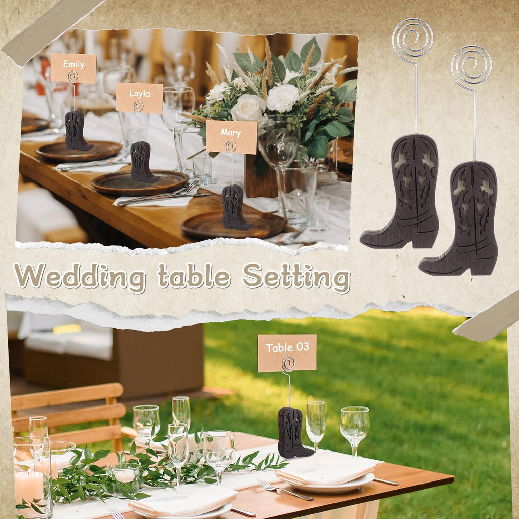 Havawish 10 Set Wooden Cowboy Boot Place Card Holder with Cards, Dark Brown