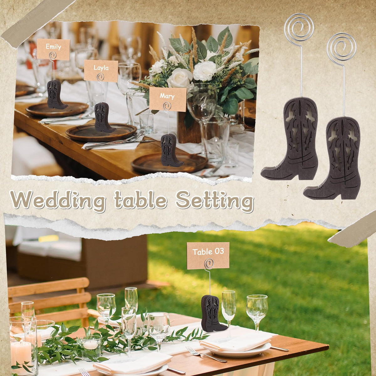 Havawish 10 Set Wooden Cowboy Boot Place Card Holder with Cards, Dark Brown