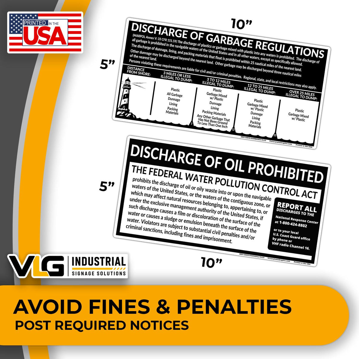USCG Required Placards 2-Pack (5" x 10") – Garbage Discharge Notice & Oil Discharge Notice – Marine Compliance Labels – Waterproof Decals for Boats & Vessels - Black & White