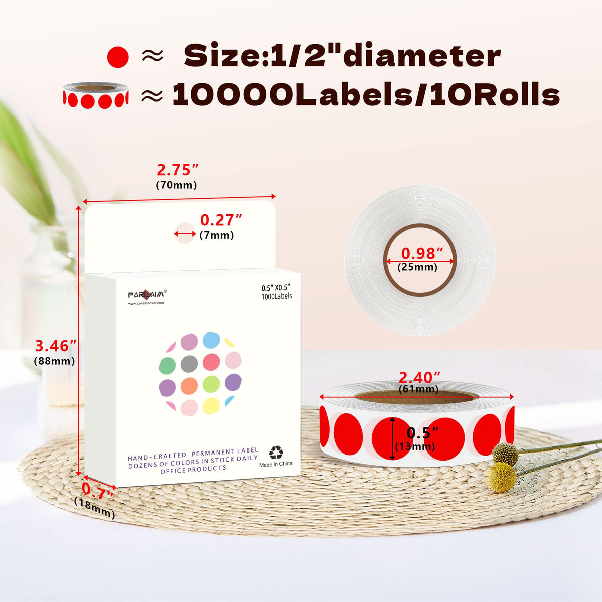PARLAIM 10000PCS 1/2 Inch Round Color-Code Dot Stickers,Circle Colorful Coding Label Sticker for Home Office(Red) Red 10 Rolls-10000 Pack