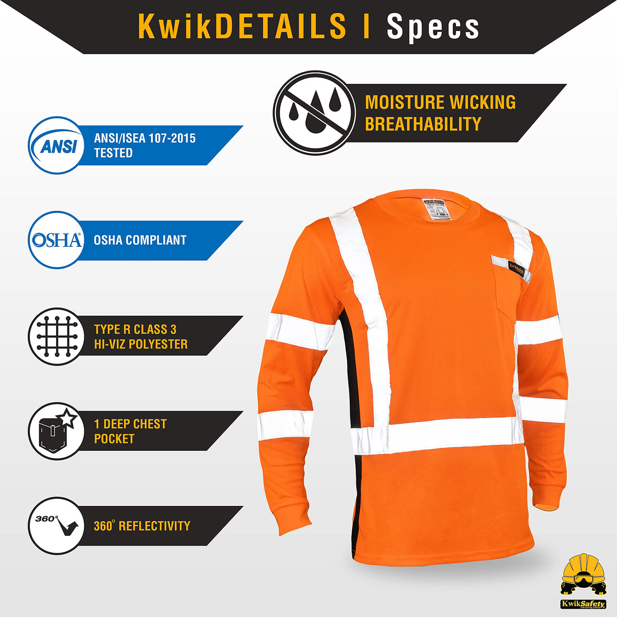 KwikSafety - Charlotte, NC - Operator Long Sleeve Safety Shirts [Solid Reflective Tape] Class 3 ANSI Tested OSHA X-Large Basic Tape | Orange