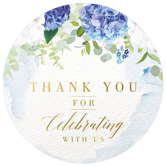 Mobiusea Creation Blue Floral Thank You for Celebrating with us Stickers | 2 inch | Gold Foil | 60pcs Waterproof Thank You Stickers Wedding Labels for Wedding, Bridal Shower, Baby Shower