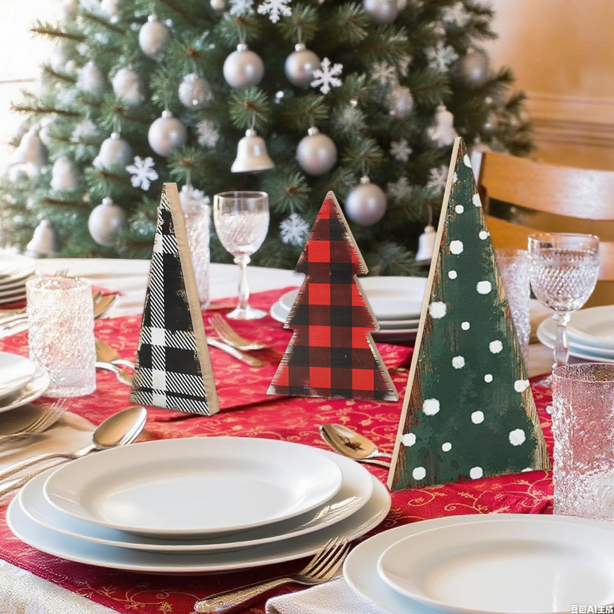Whaline 6 Pcs Christmas Tree Wooden Signs Table Decor Buffalo Plaid Dots Xmas Wood Tabletop Signs Red Black Green Desktop Centerpieces for Holiday Home Tiered Tray Fireplace Party Decor