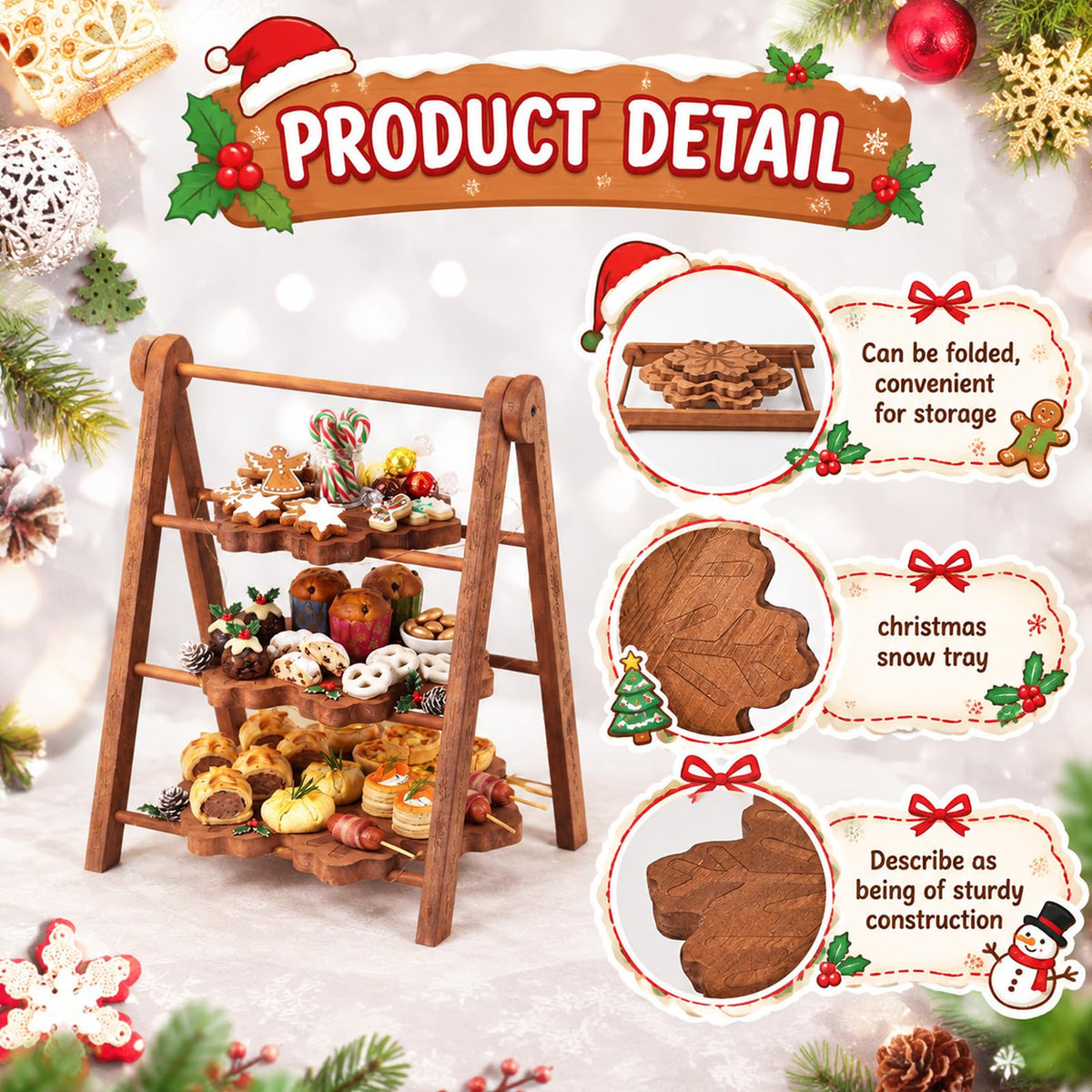 Marsui 3 Tier Christmas Snowflake Serving Tray with 16 in Collapsible Stand