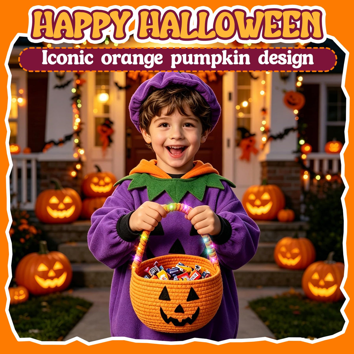 2Pcs Halloween Trick or Treat Basket with LED String Lights - Orange Orange+light