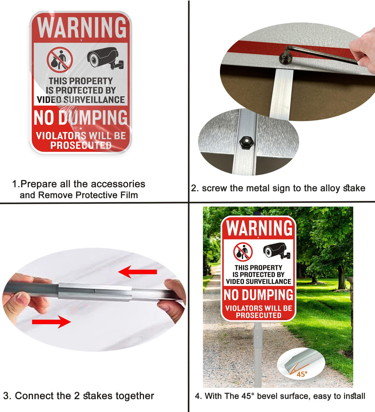 2Pack No Dumping Sign,14" x 10" Property Protected By Video Surveillance Sign with 36" Alloy Stakes, Rust Free &Fade Resistant Heavy Reflective Aluminum,Included Mounting Screw Kit.