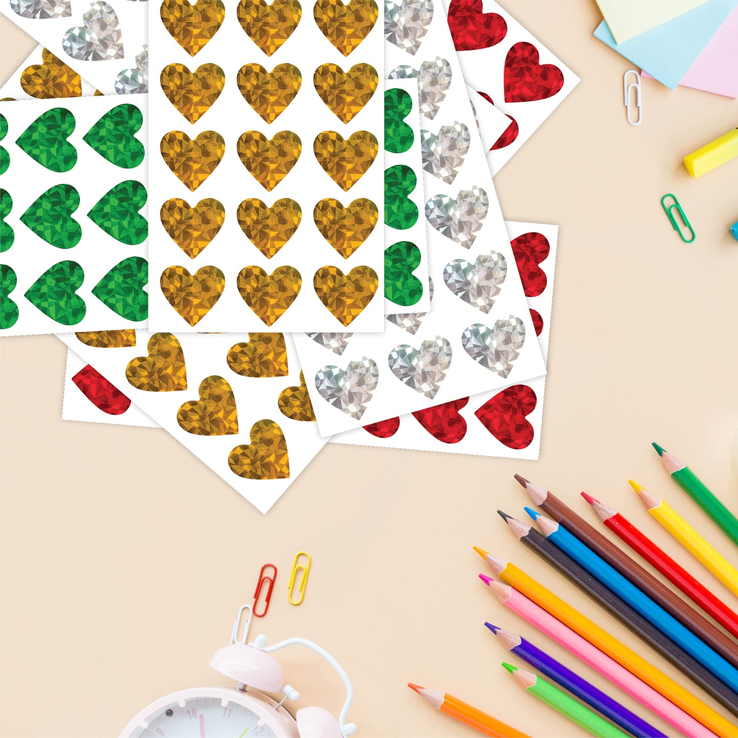 easykart labels 2100 Heart Stickers with Glitter Holographic Gravel Pattern Red, Green,Silver & Gold Sparkling Adhesive Heart Sticker Labels, Love Stickers