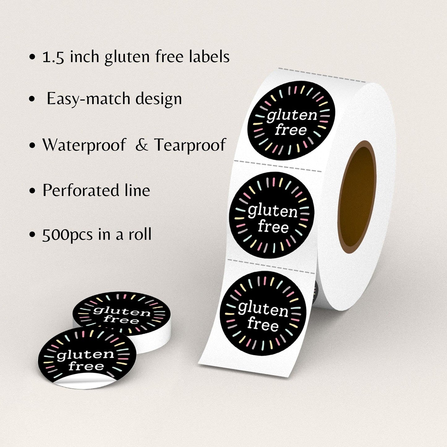 Mobiusea Creation Gluten Free Stickers Roll | 1.5 Inch | Waterproof | 500pcs Gluten Free Labels for Cookie Cupcake Stickers Homemade Bakery Bread Bags Labels Baked Goods Packaging